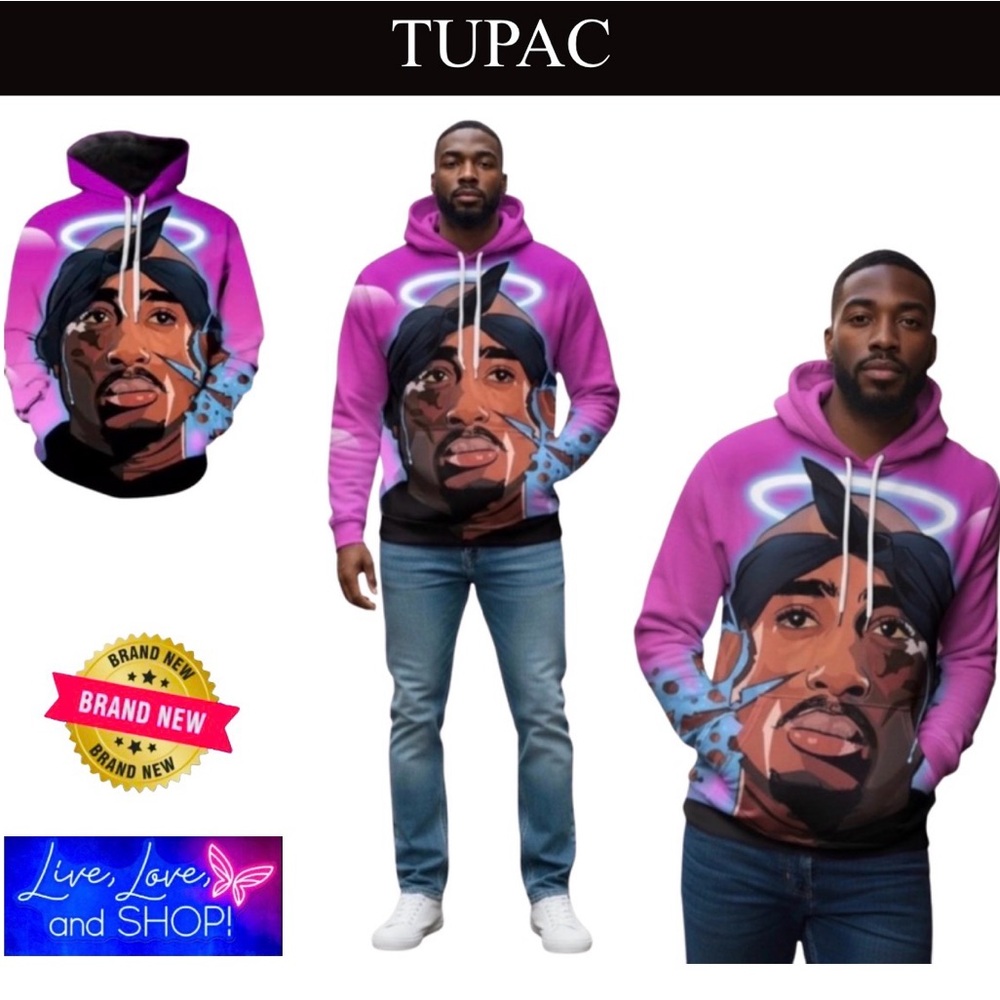 HOODIE: TUPAC 3D Anime Fuchsia & Blue, Polyester. Unisex, NWOT